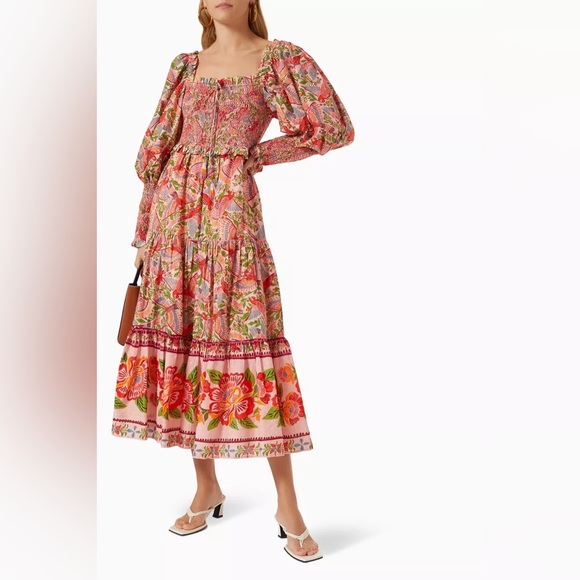FARM Rio Dresses & Skirts - FARM RIO ANTHROPOLOGIE PINK MACAW FLIGHT SMOCKED MIDI DRESS